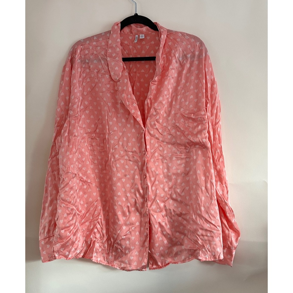 Nordstrom 100% Silk Heart Print Pajama Top Coral Pink 3X Long Sleeve Button Down